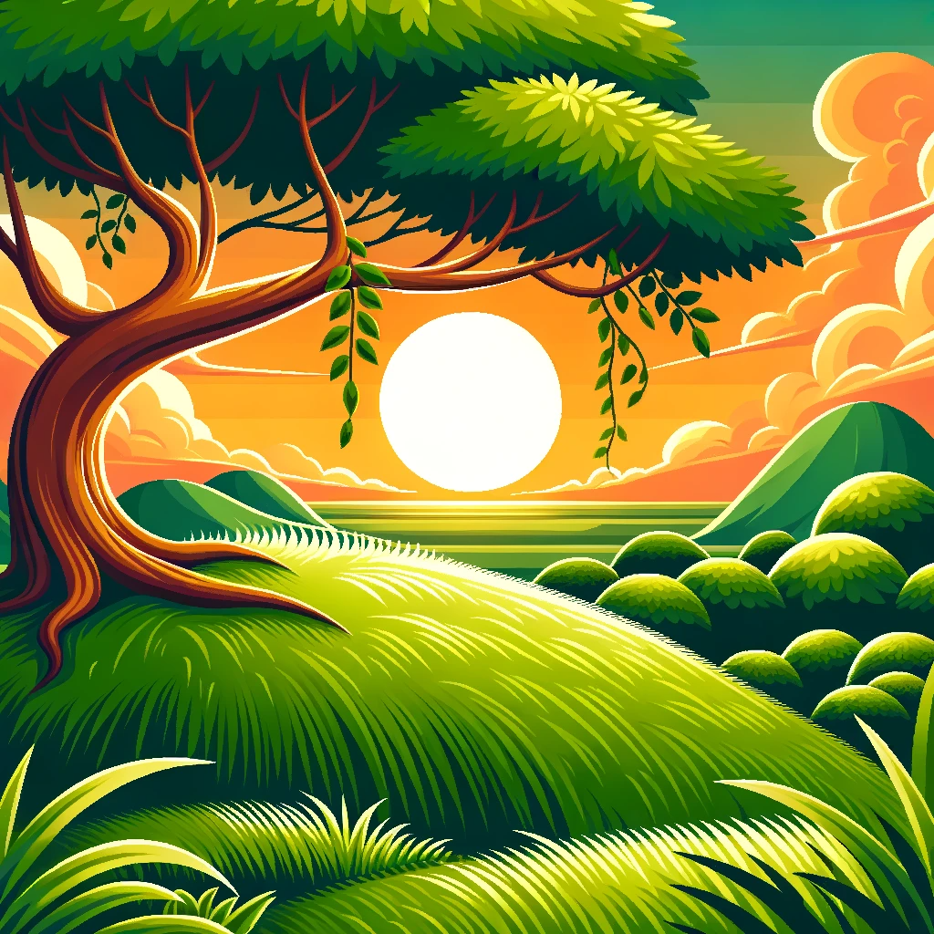 DALL·E 2023-10-16 17.50.37 - Vector design of a picturesque landscape where a mound covered in vibrant green grass takes center stage. A tree with sprawling branches offers shade .png