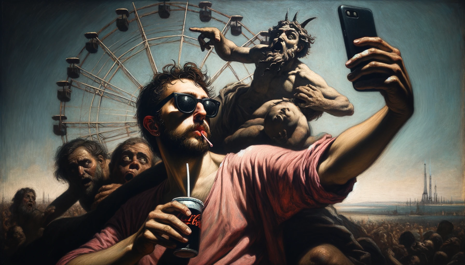 DALL·E_2023-12-20_17_27.31_-_Create_a_wide_image_in_a_style_inspired_by_Francisco_Goya's_'Saturn_Devouring_His_Son,'_depicting_a_guy_taking_a_selfie._He_is_wearing_a_pink_shirt_an.png