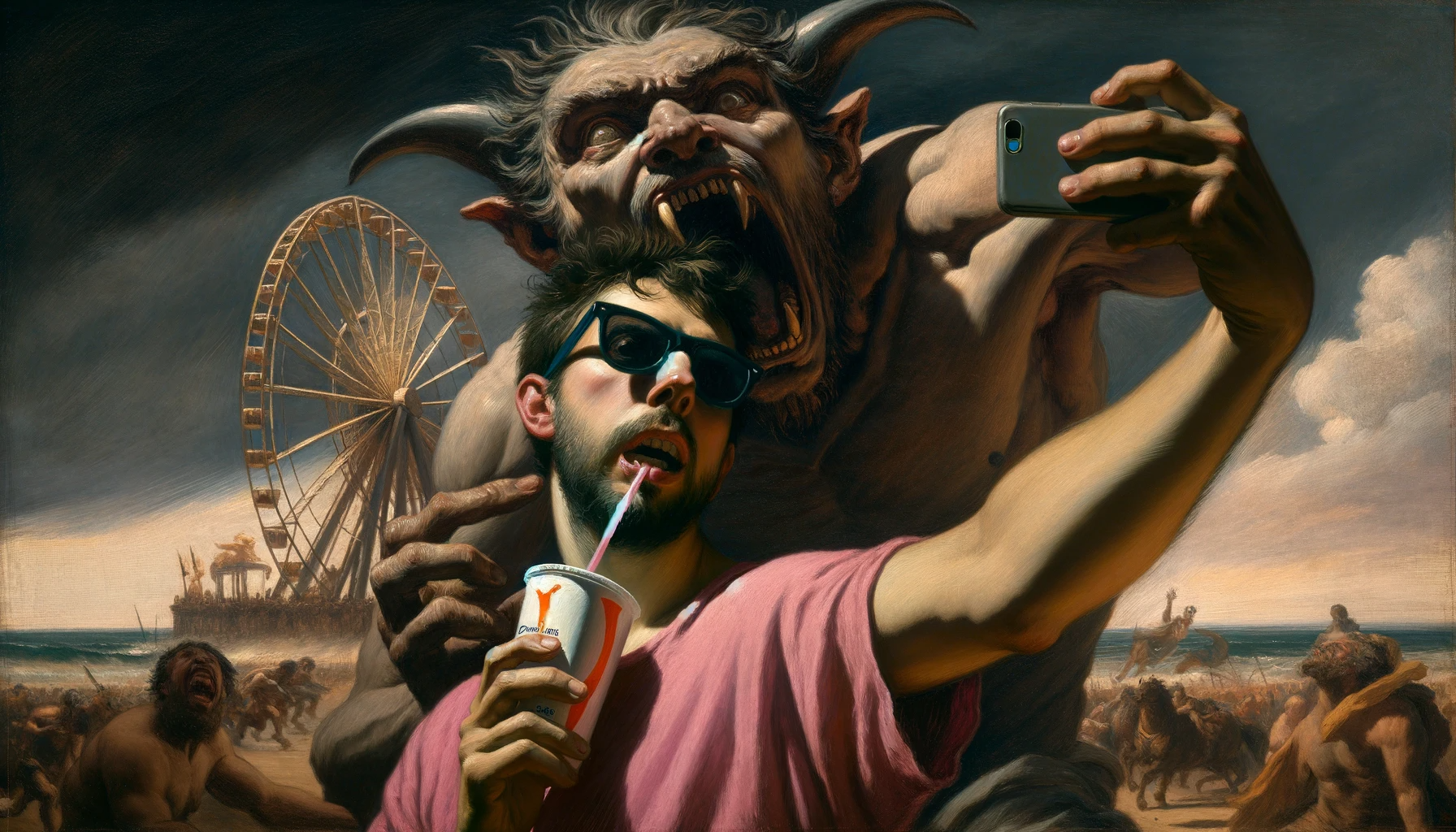 DALL·E_2023-12-20_17_27.35_-_Create_a_wide_image_in_a_style_inspired_by_Francisco_Goya's_'Saturn_Devouring_His_Son,'_depicting_a_guy_taking_a_selfie._He_is_wearing_a_pink_shirt_an.png