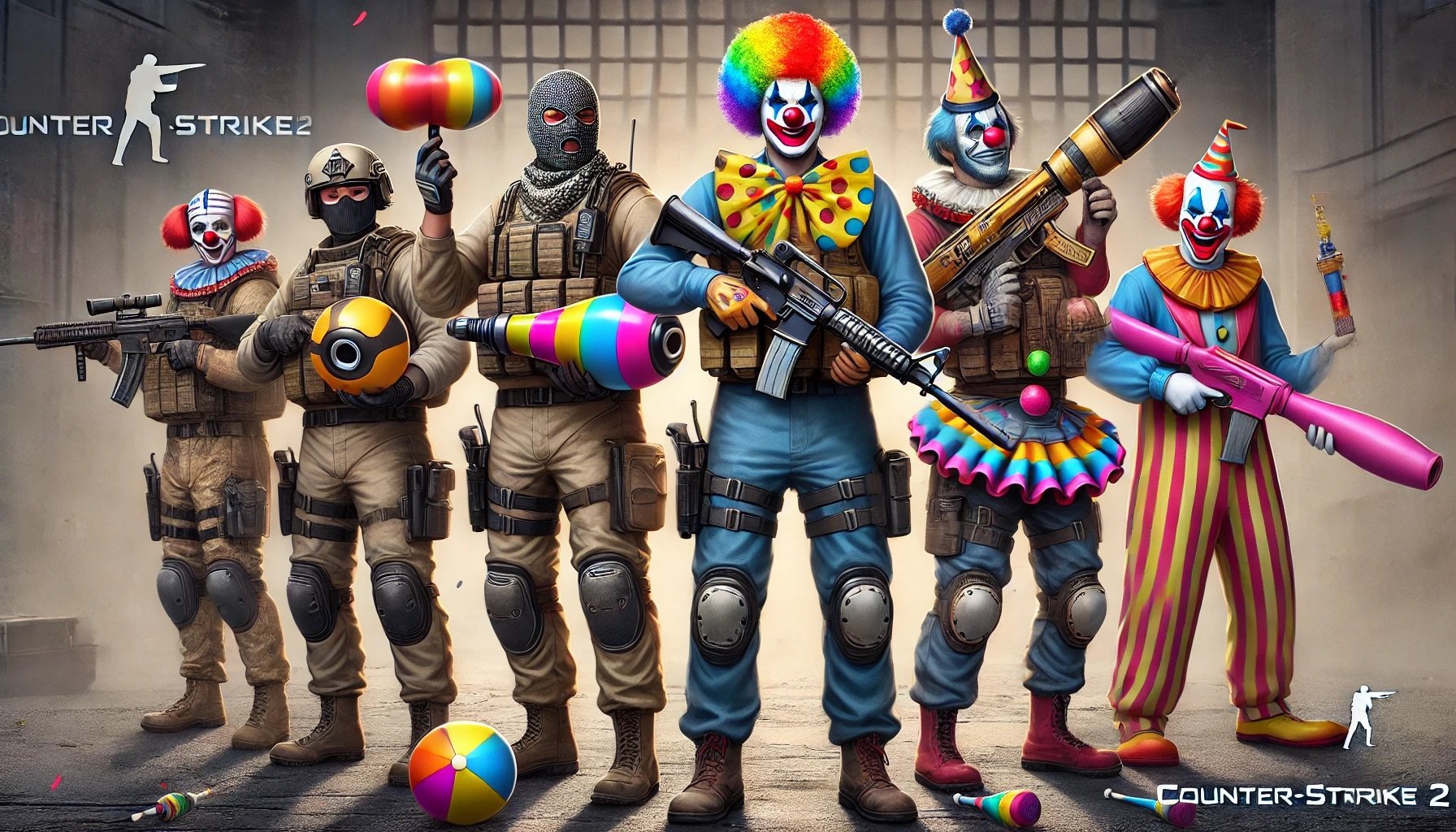 108351229_DALLE2024-11-0318_42.59-Fivecounter-terroristcharactersfromthegameCounter-Strike2eachholdi-fulclown-themeditemsinsteadofweapons.Theyaredressedintact.jpeg.a450a7c190406e33133c2d8c5fc98a49.jpeg